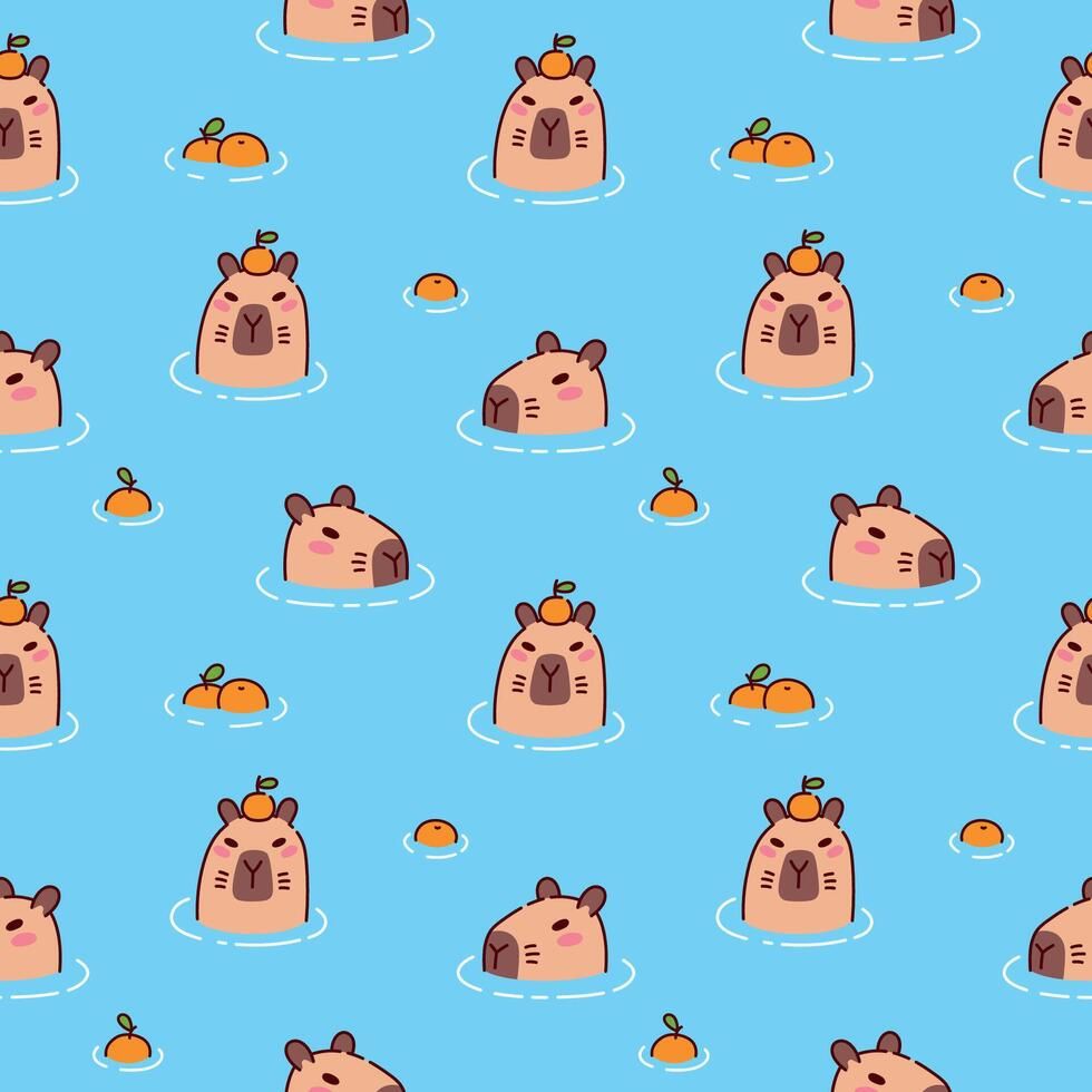 980x980 Cute capybara in pond seamless pattern. Calm capybaras chilling and relaxing in water with oranges. Funny cartoon characters take bath with only heads visible