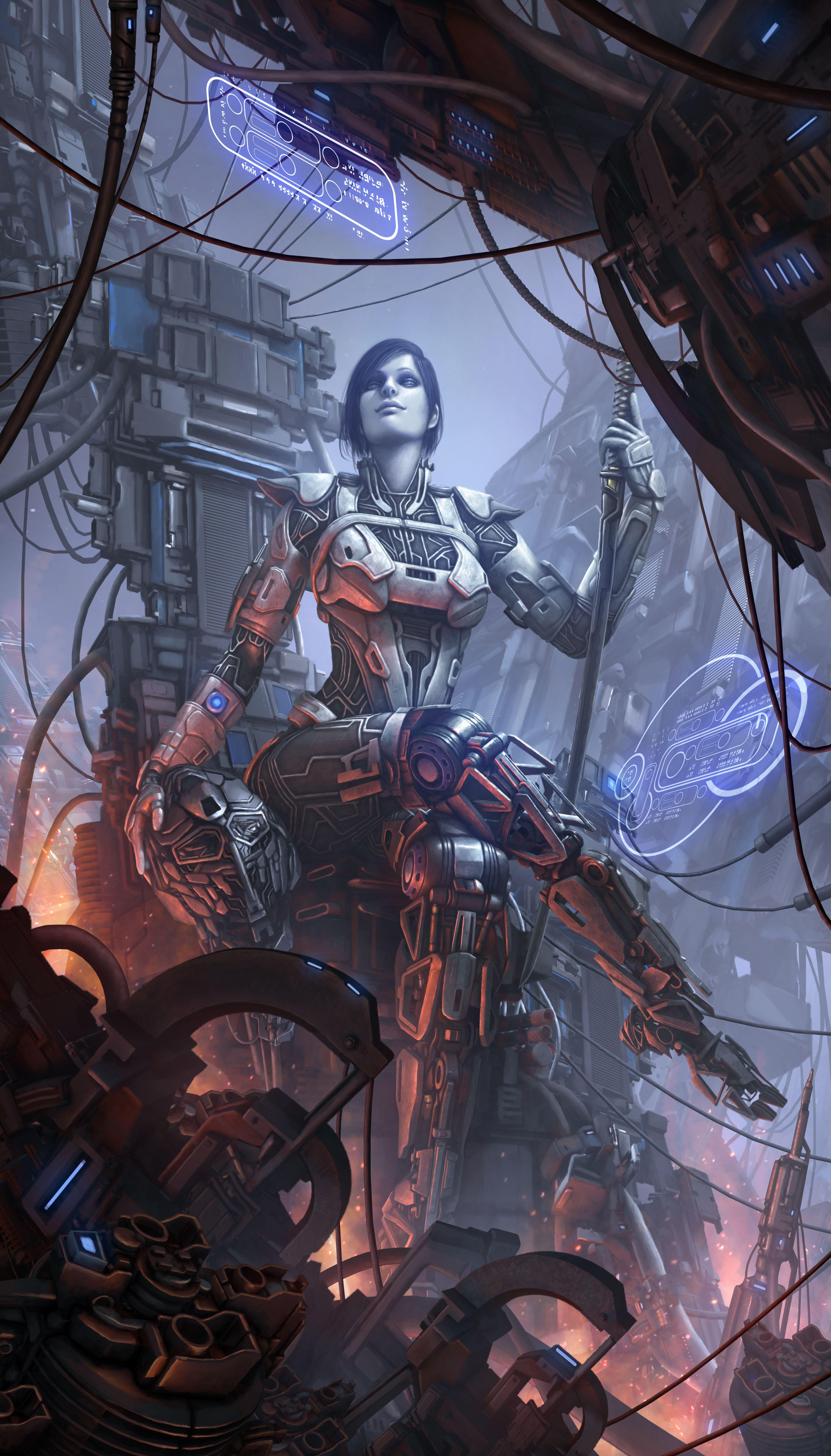 4000x7006 Desktop Wallpaper Robot Throne Fantasy young woman 4000x7006