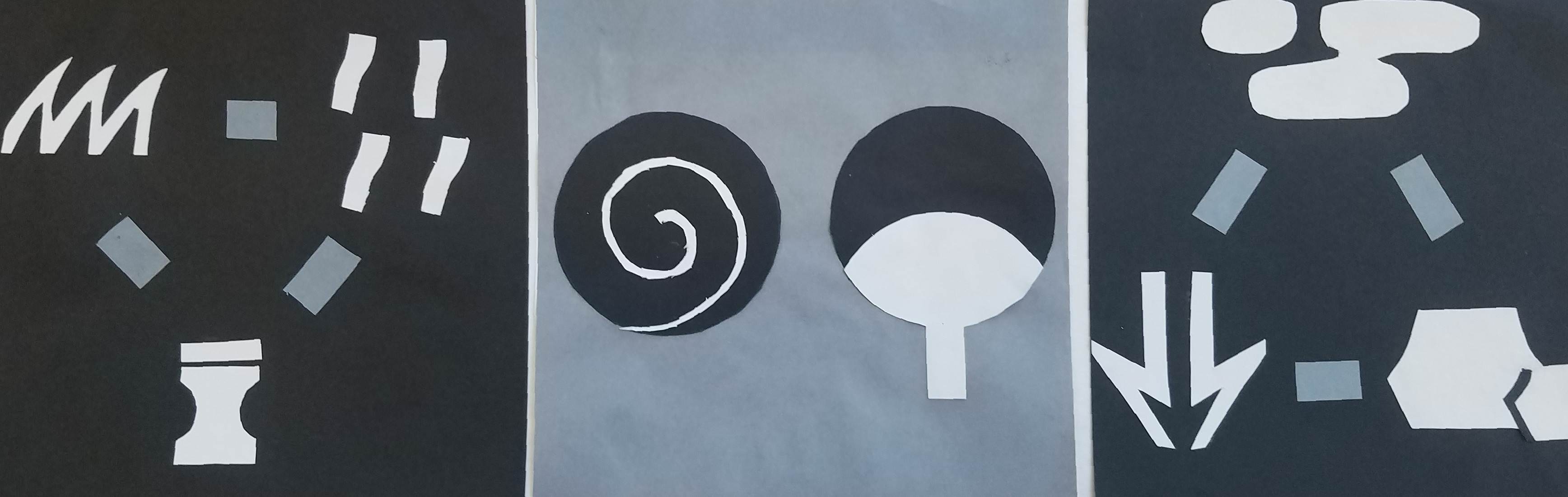 3472x1100 Black, white, and grey cut paper art of Uchiha and Uzumaki crests