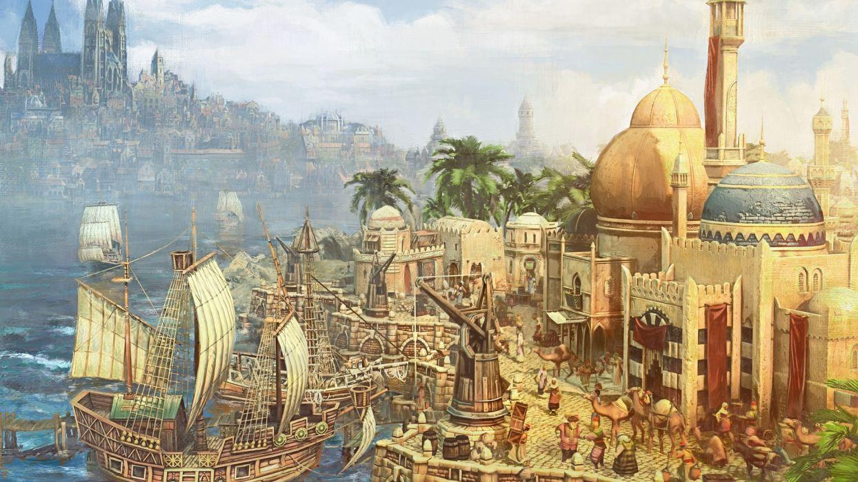 1244x700 Anno 1404 city building ship boat sea fantasy wallpaper