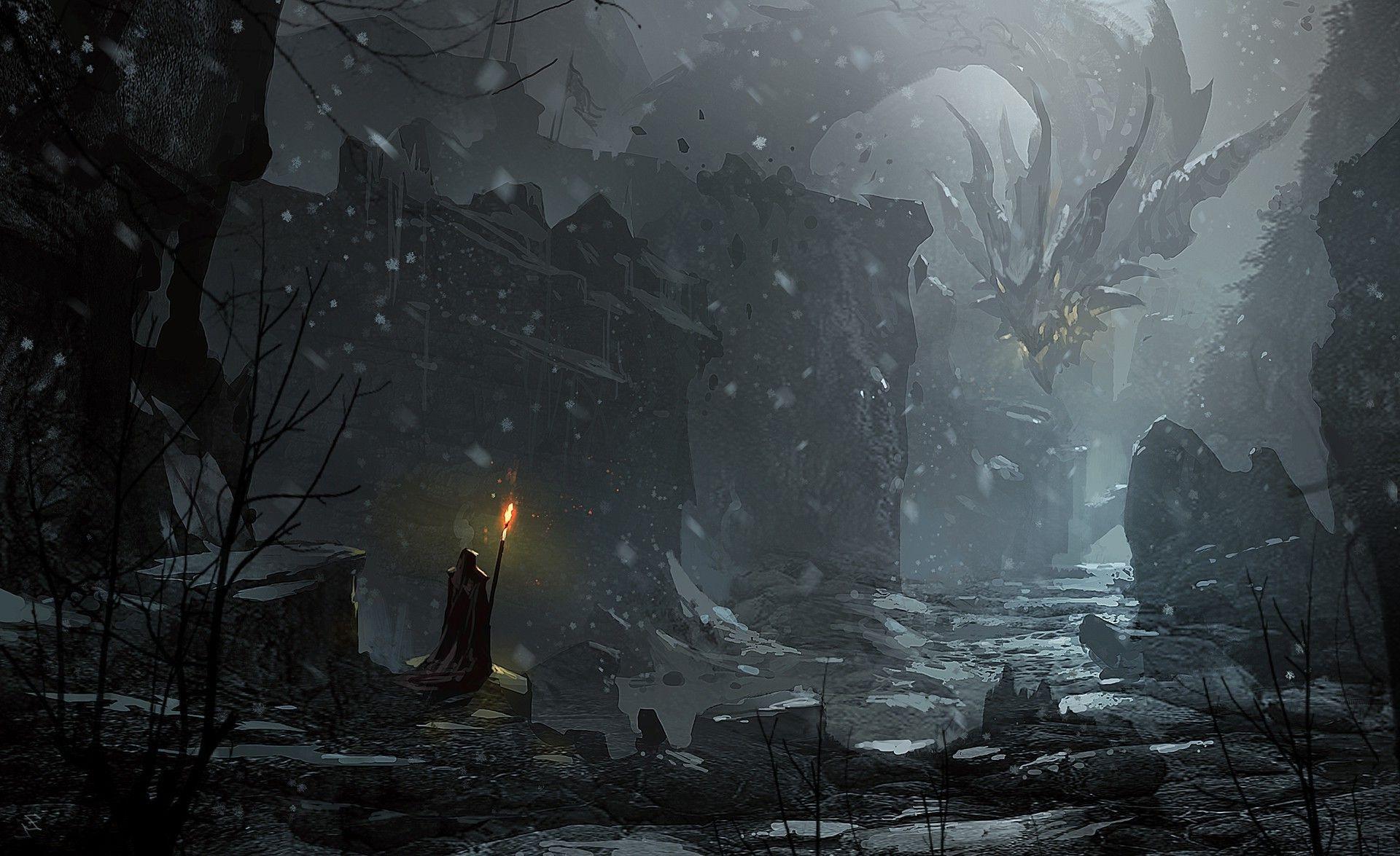 1920x1175 fantasy Art, Artwork, Dragon, Dark, Digital Art, Snow Wallpaper