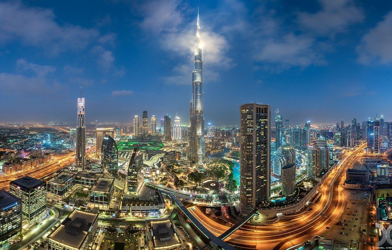 1332x850 Wallpaper building, road, home, panorama, Dubai, night city, Dubai, skyscrapers, UAE, Burj Khalifa, Burj Khalifa, UAE image for desktop, section город