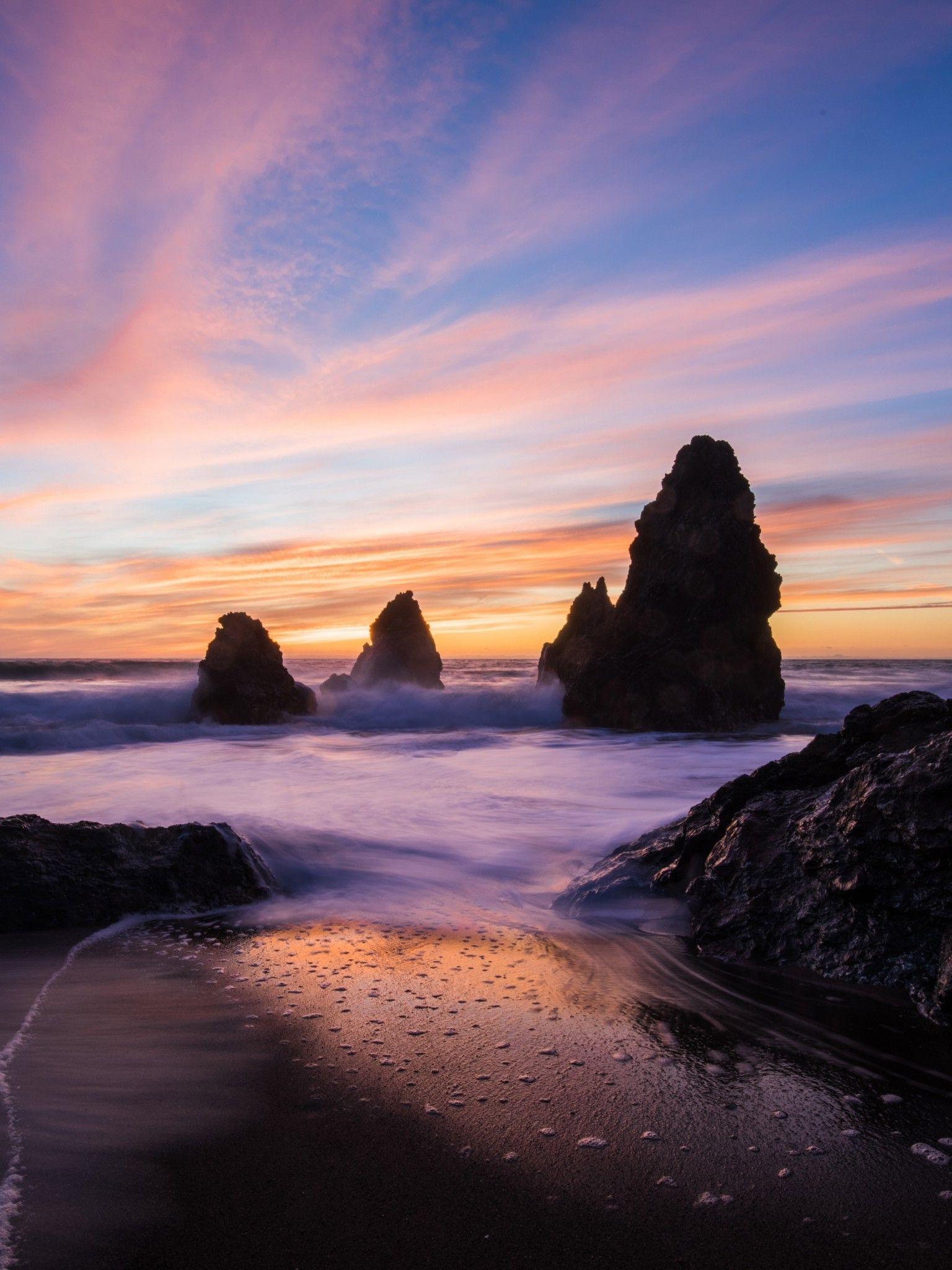 1536x2048 Download 1536x2048 Sunset, Ocean, Horizon, Coast, Rocks Wallpaper