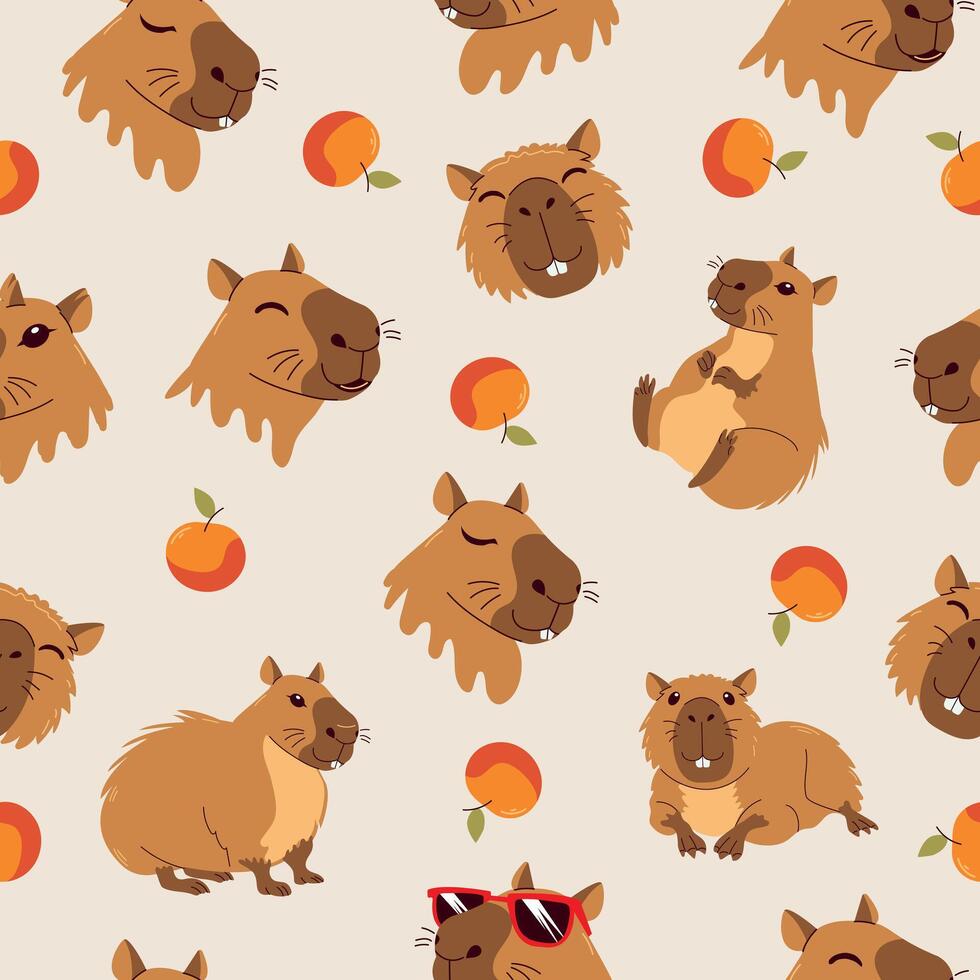980x980 Seamless pattern featuring capybaras and stars. Cute animals on a light beige background. Illustration for wallpaper, packaging, textiles, and kids' collection