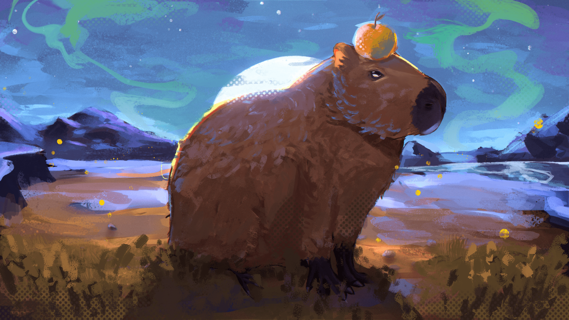 1920x1080 Moonlit Capybara Under Aurora and Mountain Glow