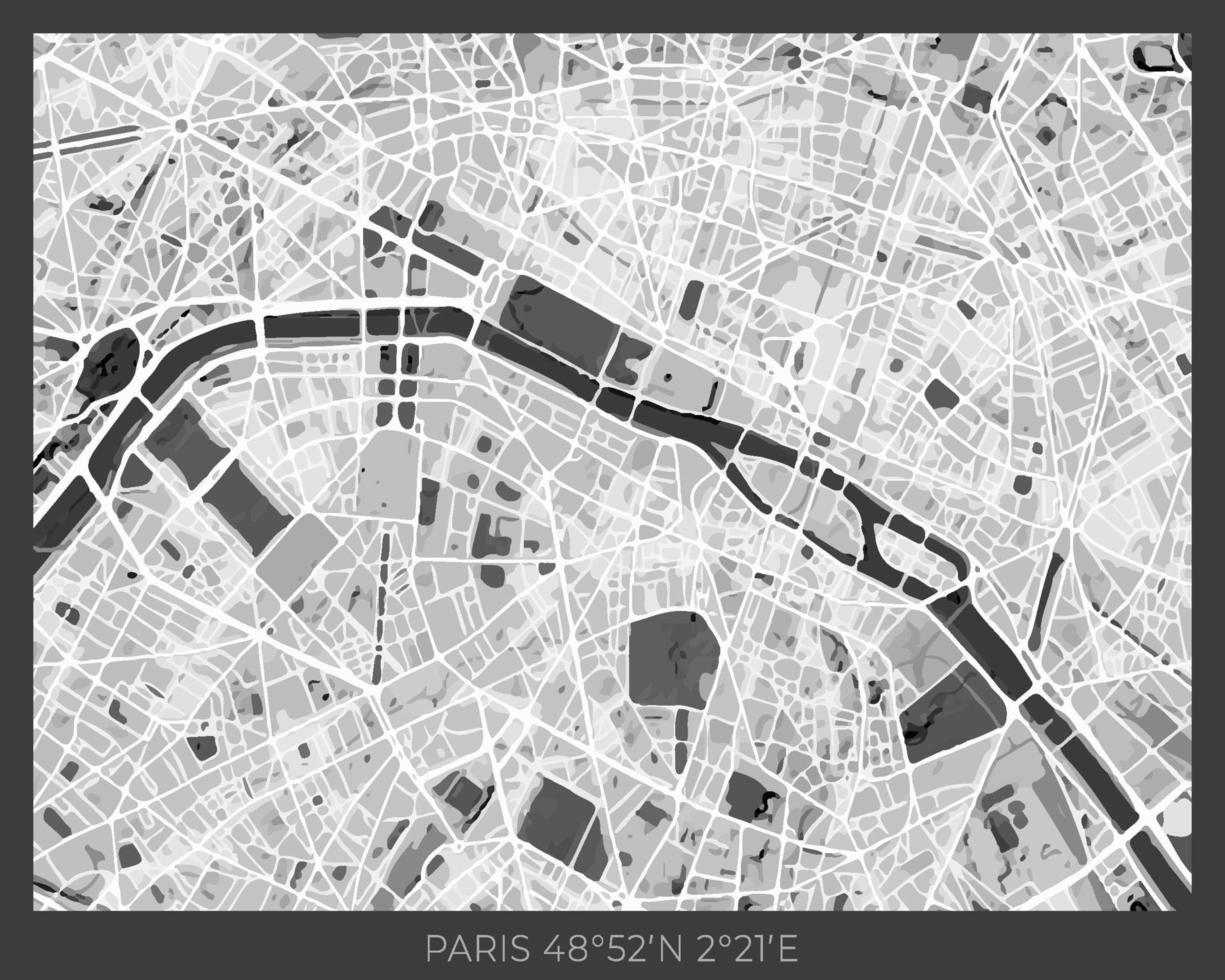 1225x980 Paris Map monochrome design for interior posters, wallpaper, wall art, or other printing products. Vector illustration