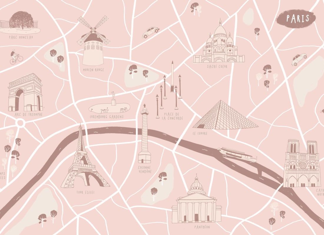 1101x801 Paris City Landmarks Map Wall Mural