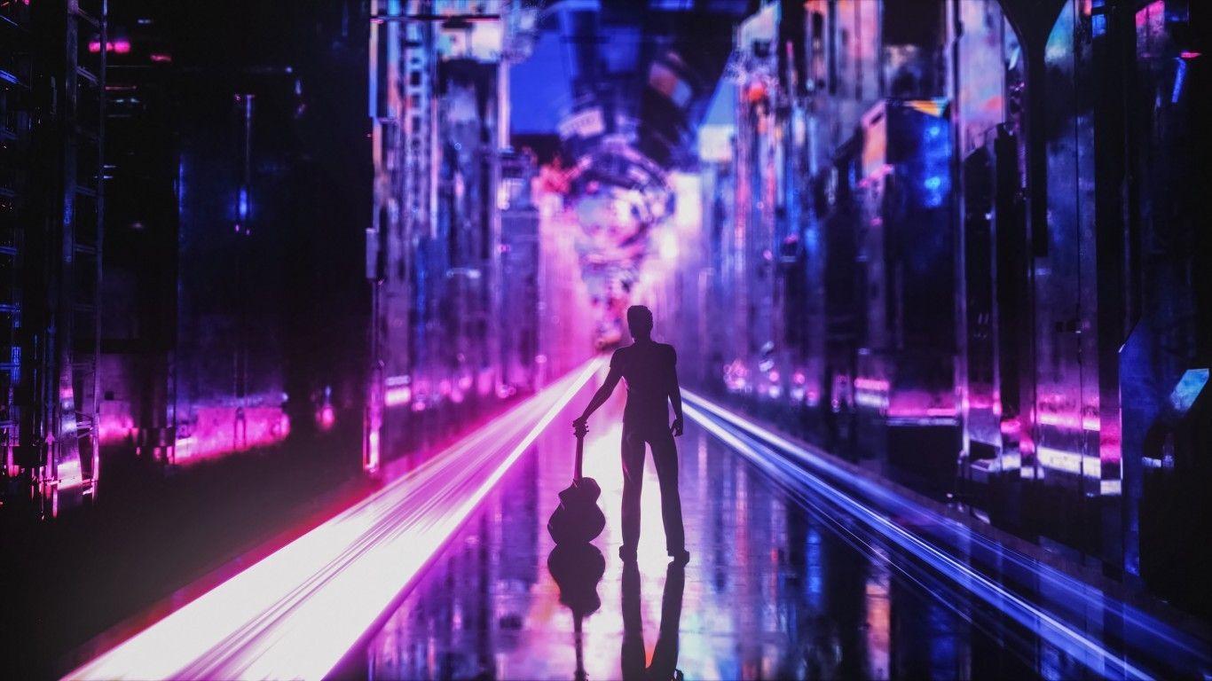 1366x768 Download 1366x768 Lonely Guitarist Man, Neon City, Lights