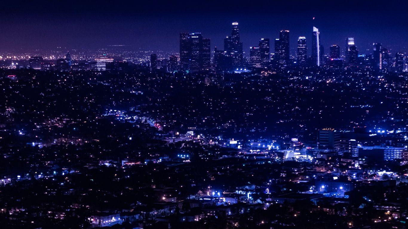 1366x768 Download wallpaper 1366x768 night city, city lights, overview