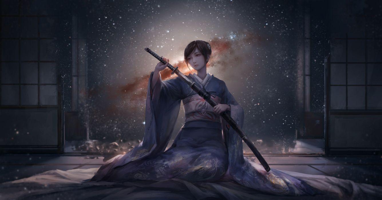 1335x700 Anime girls original characters kimono Japanese clothes katana