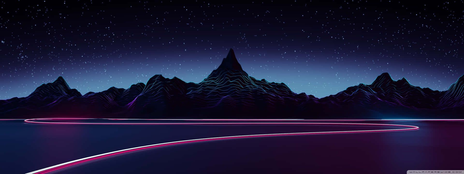 1920x720 Download A Night Sky With A Neon Light And Mountains Wallpaper