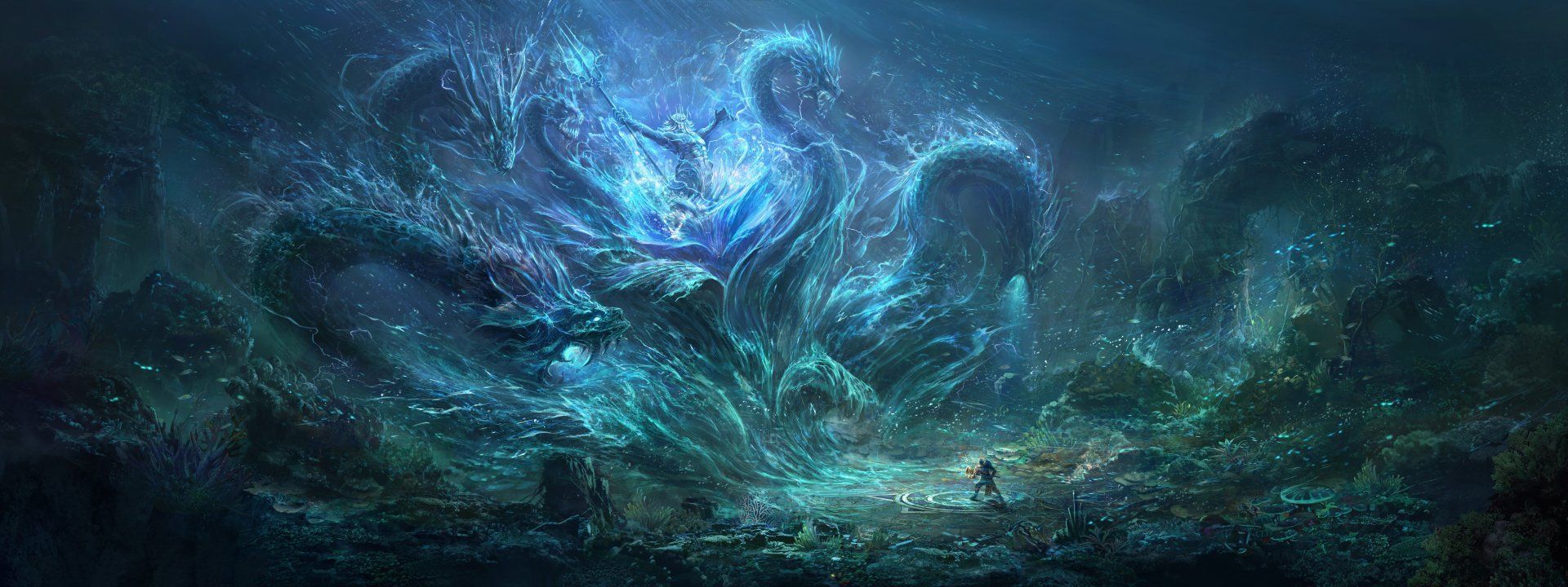 1920x720 Epic Battle: Poseidon vs. Hydra Ultra HD Fantasy Sea Monster Wallpaper