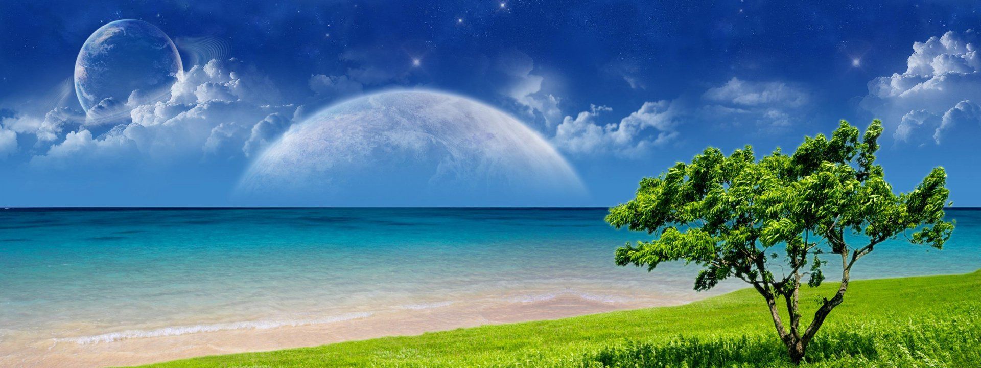 1920x720 Sci Fi Serenity: HD Wallpaper Of Planet Rise Over Tranquil Ocean**