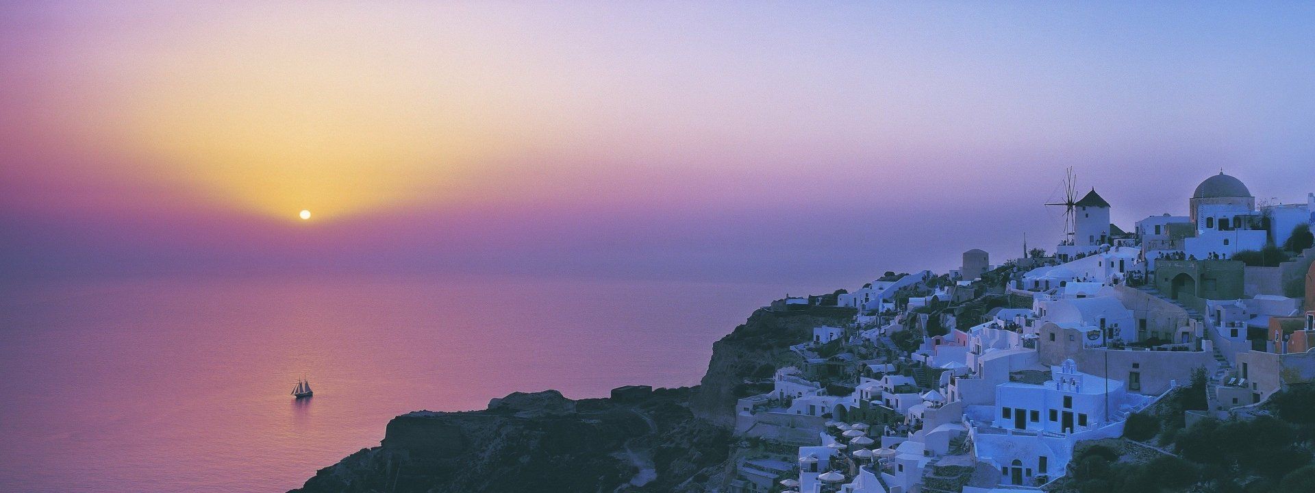 1920x720 Santorini Serenity: Stunning Man Made Beauty At Sunset HD Wallpaper