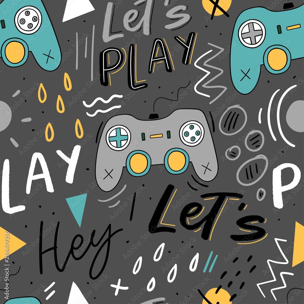 1000x1000 Let's play kids seamless pattern with joystick for print, textile, wallpaper. Modern illustration with hand lettering background. Stock Vector