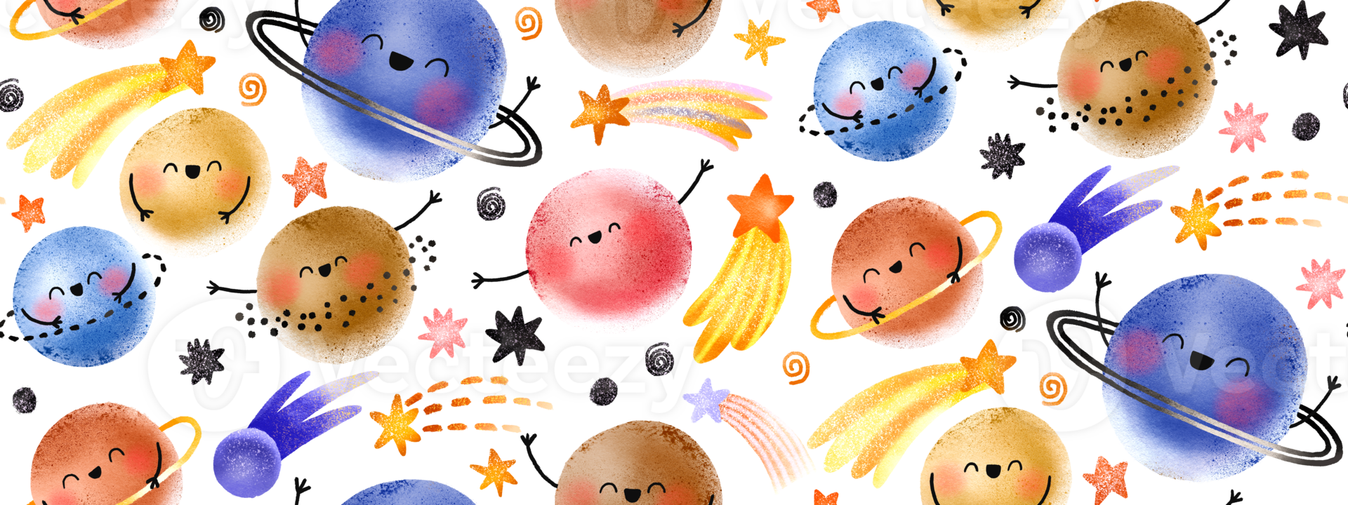 1920x720 Seamless pattern with space planets, stars, galaxies and meteorites. Happy space characters. Open space. Cute baby background for children's room, textile, wallpaper, print and clothing. 41408248 PNG