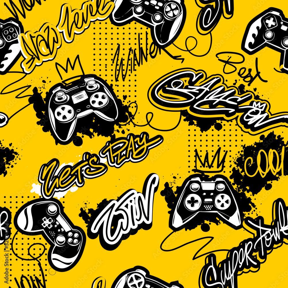 1000x1000 Abstract seamless gamepads pattern. Game pads repeat print on graffiti yellow endless background. Street art style Text Game on, let's Play. Gaming repeated wallpaper for boy clothes, sport textile Stock Vector