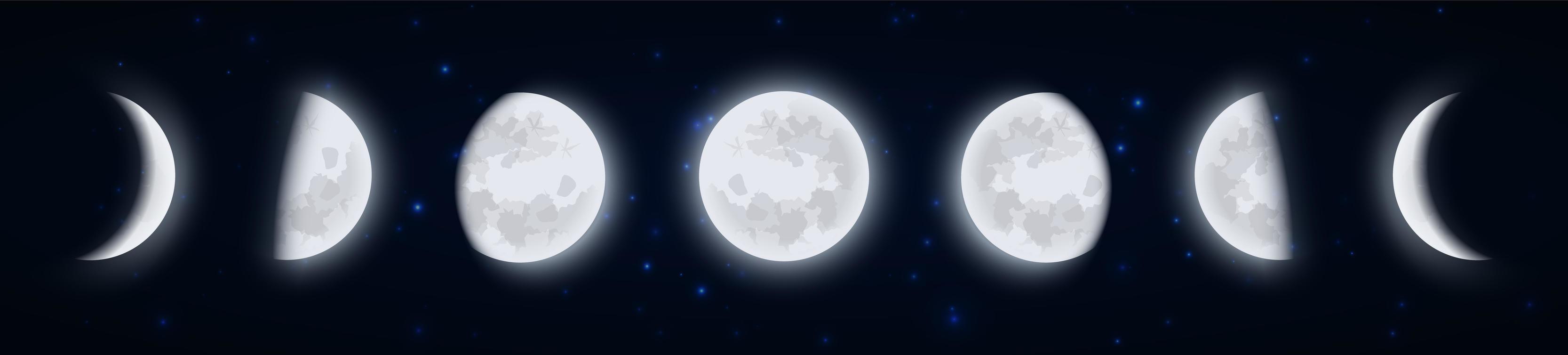 3333x754 Lunar phases icon set, Moon phases in the night starry sky, Shape of the directly sunlit portion of the Moon as viewed from Earth. Earth satellite icons, vector illustraton. 4141471 Vector Art