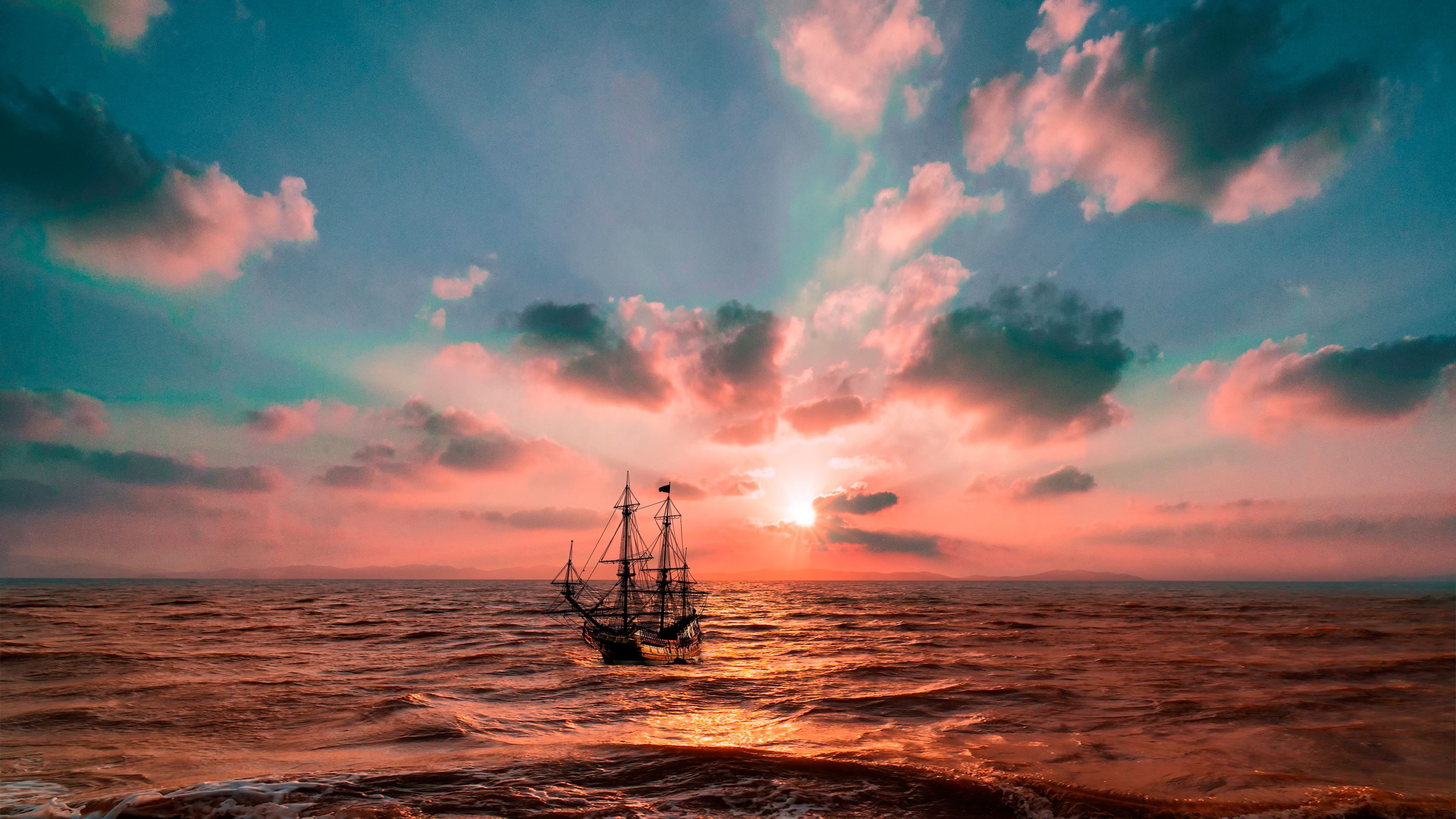 3840x2160 Sunset Wallpaper 4K, Ocean, Boat, Seascape, Dusk