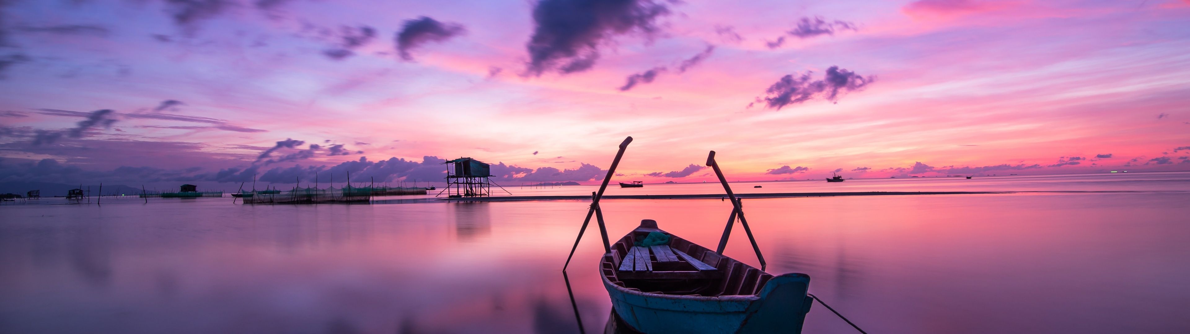 3840x1080 Rowing boat Wallpaper 4K, Sunset, Body of Water, Beach