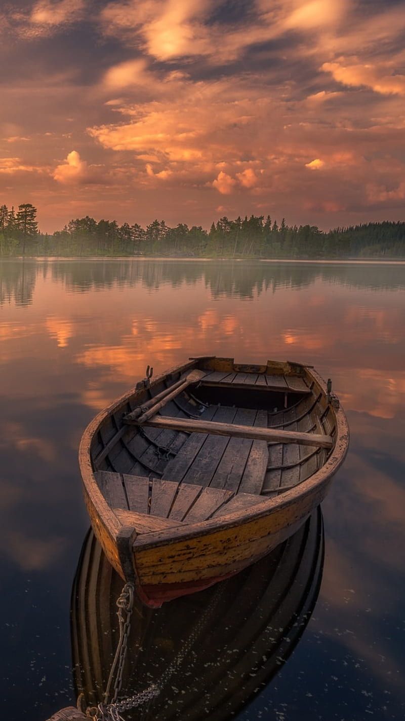 800x1422 Nature, sunset, boat, lake, silent, clouds, HD phone wallpaper