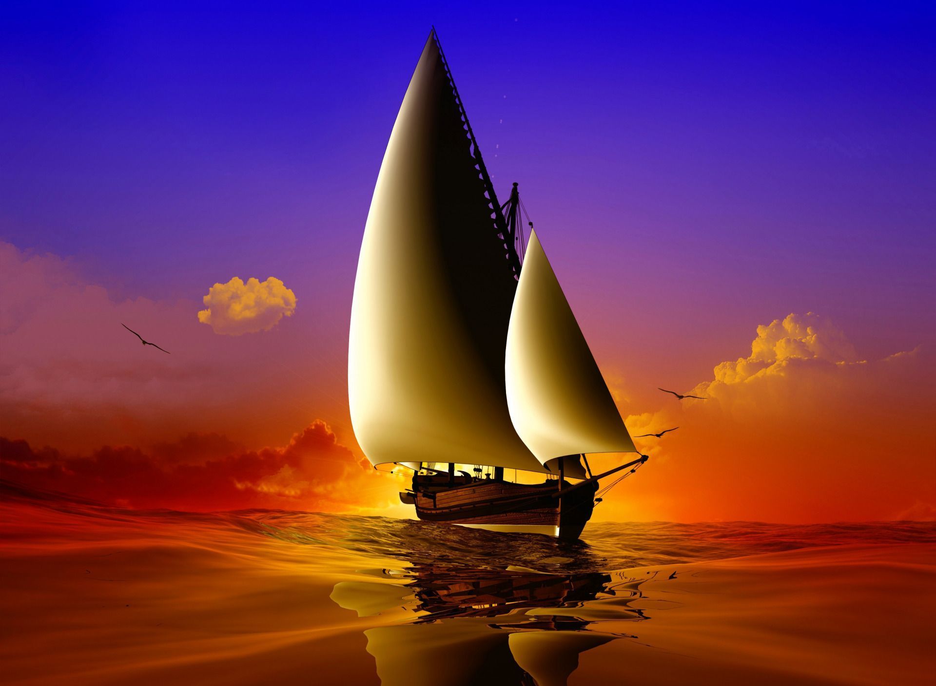 1920x1408 Download Sunset Ocean Sailboat Artistic Boat HD Wallpaper