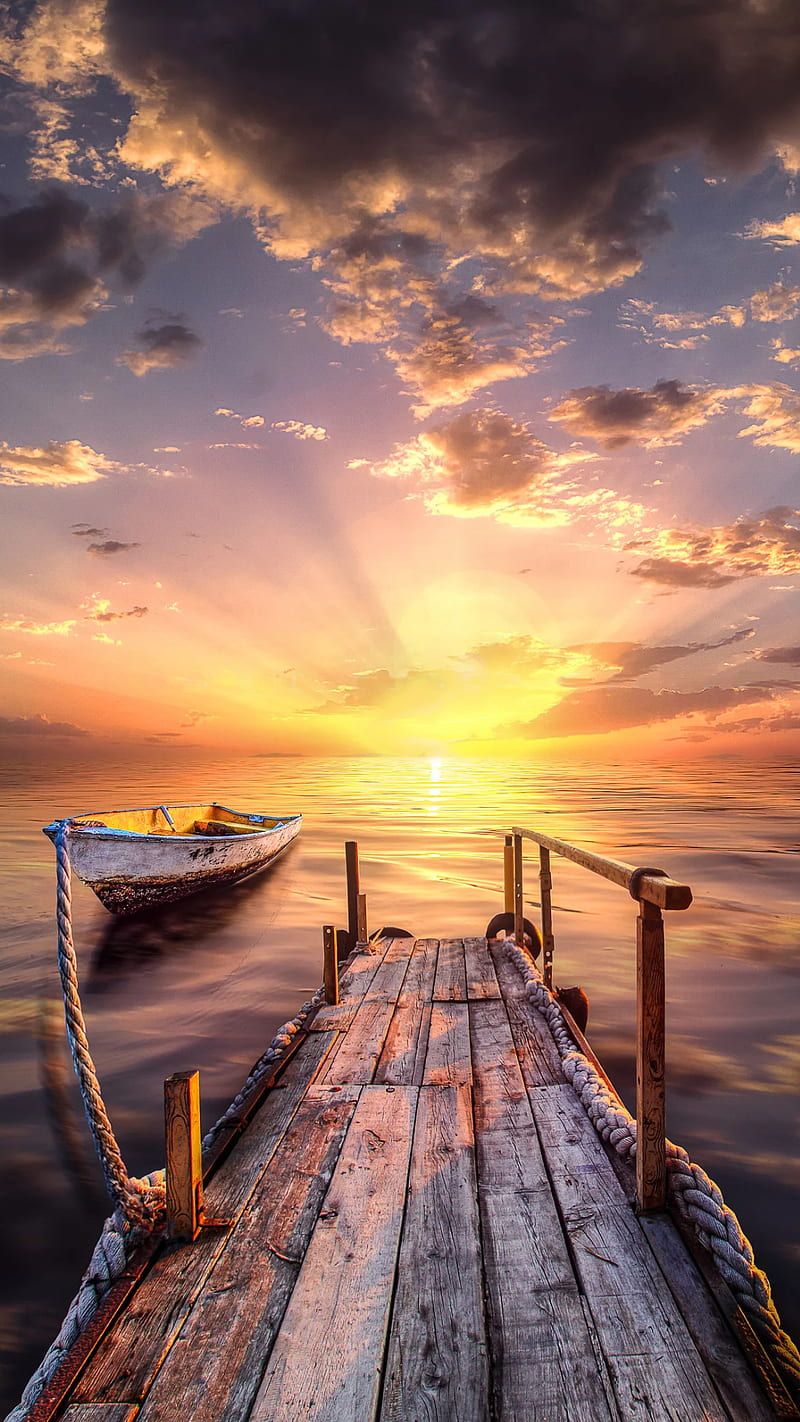 800x1422 Beautiful sunset, beach, boat, clouds, dock scenes, sea, sky, wooden, HD phone wallpaper