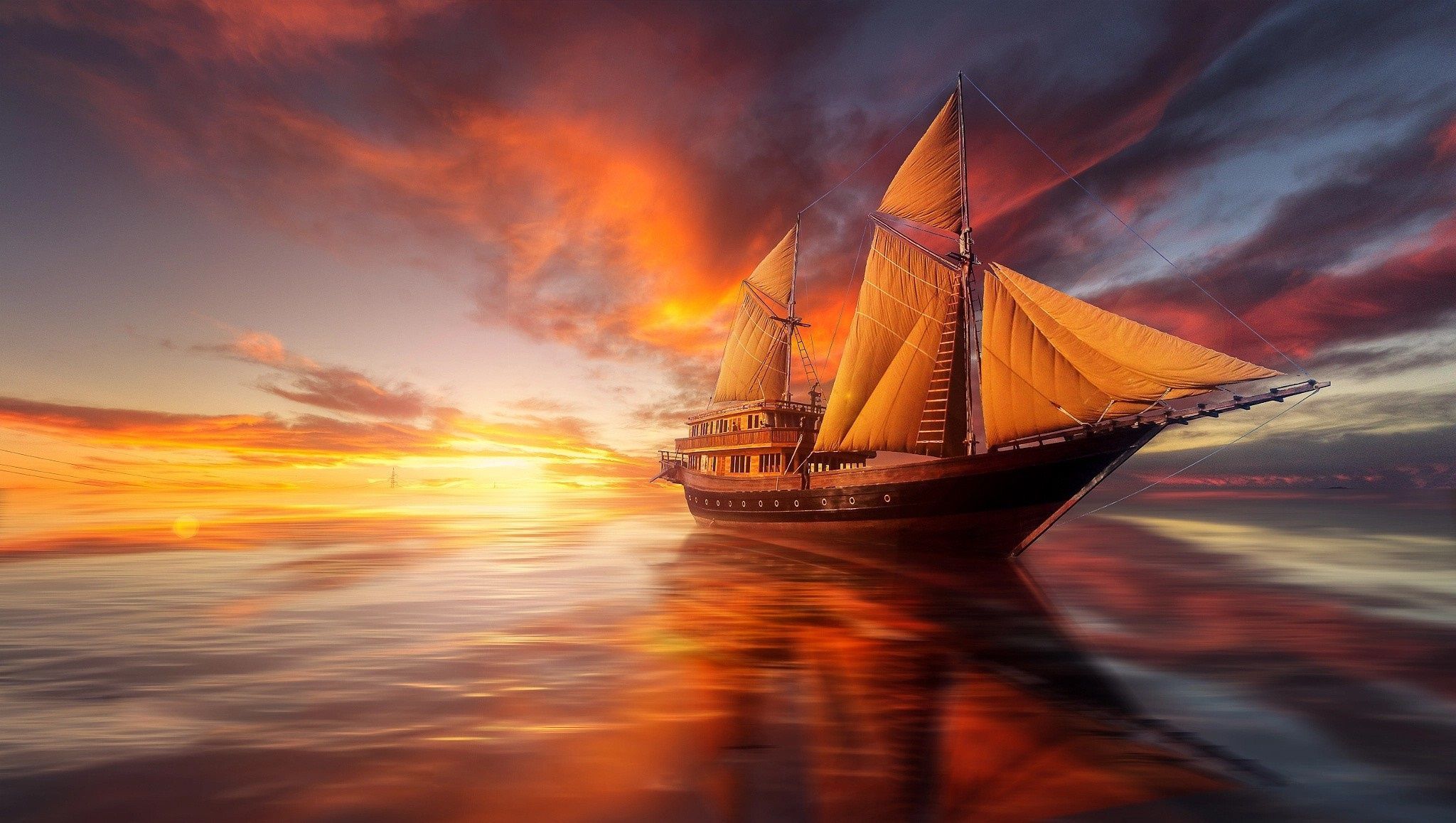2048x1158 Wallpaper sea, sunset, the ocean, ship, sailboat for mobile and desktop, section пейзажи, resolution 2048x1158