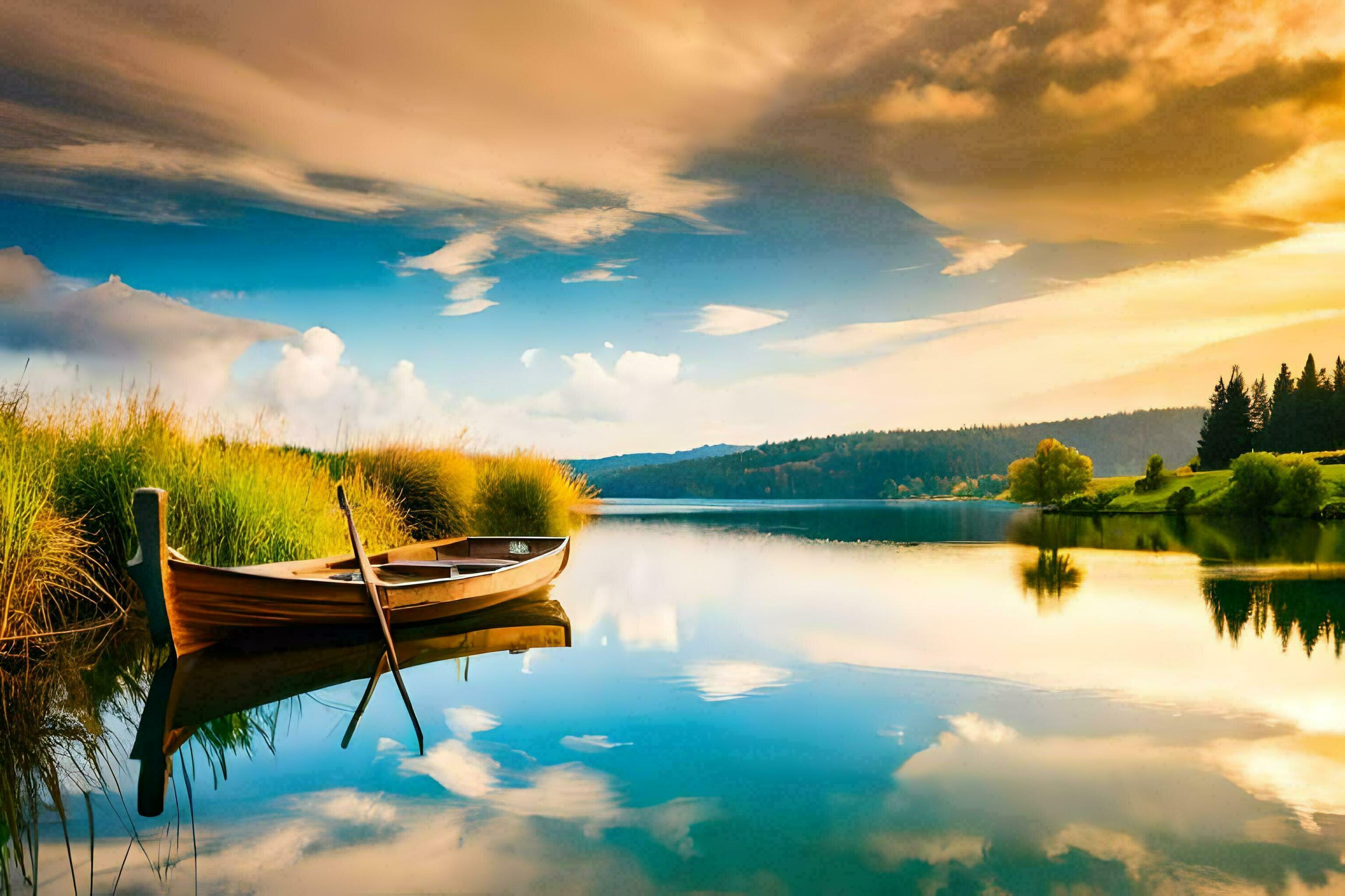 2940x1960 The Boat On The Lake, Sunset, Sky, Nature, Landscape, HD Wallpaper. AI Generated