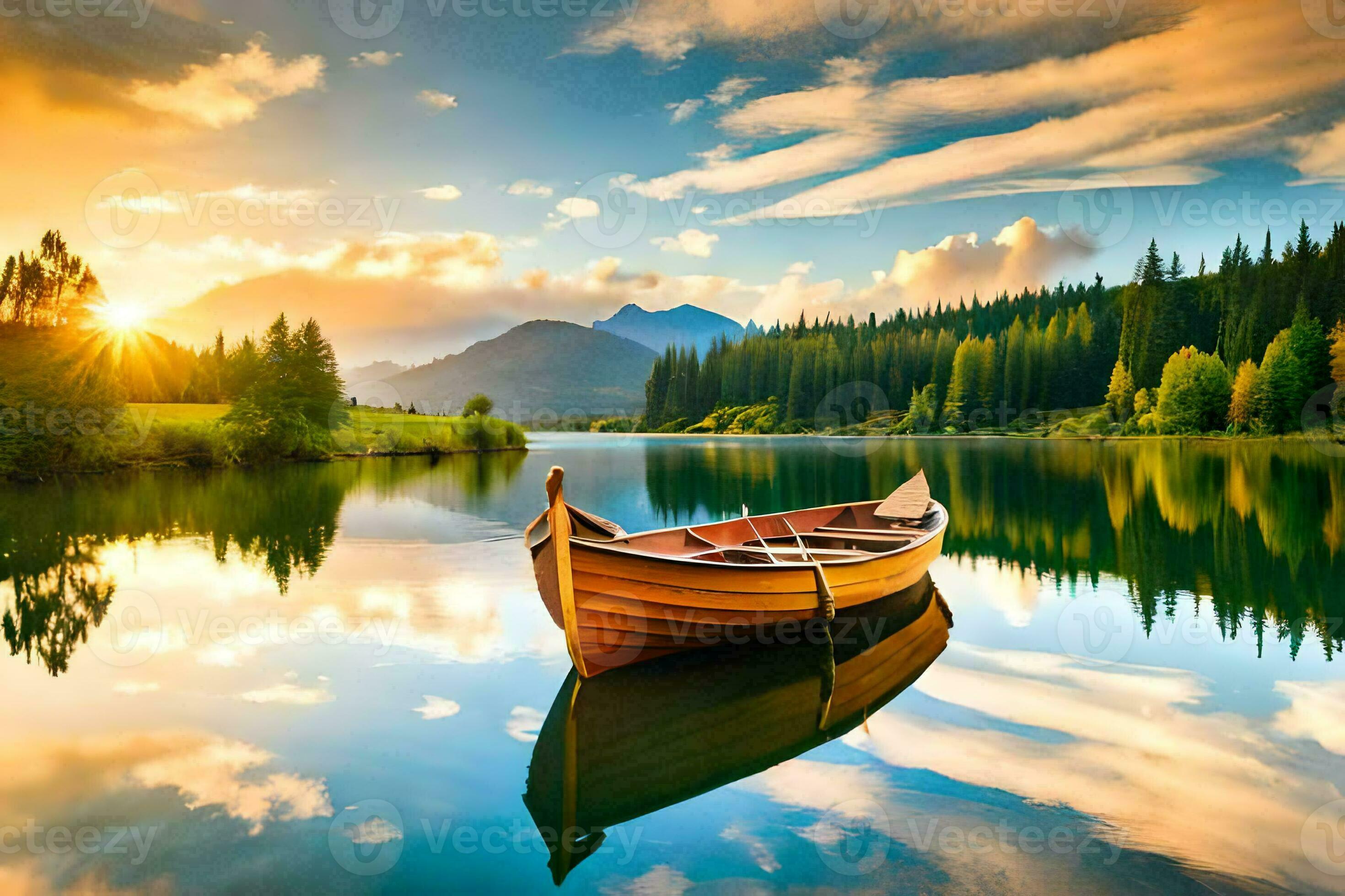 2940x1960 The Boat On The Lake, The Sunset, Mountains, Nature, Landscape, HD Wallpaper. AI Generated