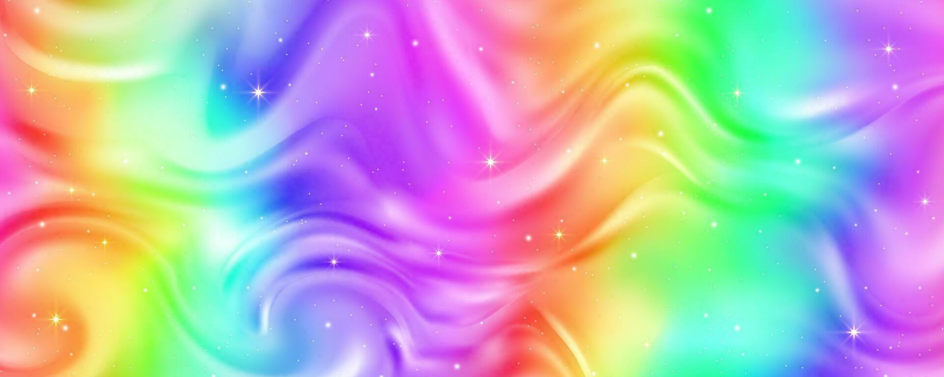 1920x768 Rainbow background with waves of fluid. Abstract pastel gradient wallpaper with bright vibrant colors and stars. Vector unicorn holographic backdrop