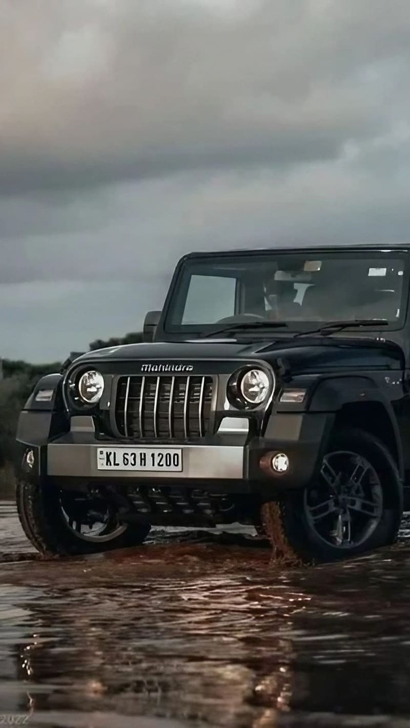 800x1421 Mahindra Thar Car, Black Thar On Water, black car, HD phone wallpaper