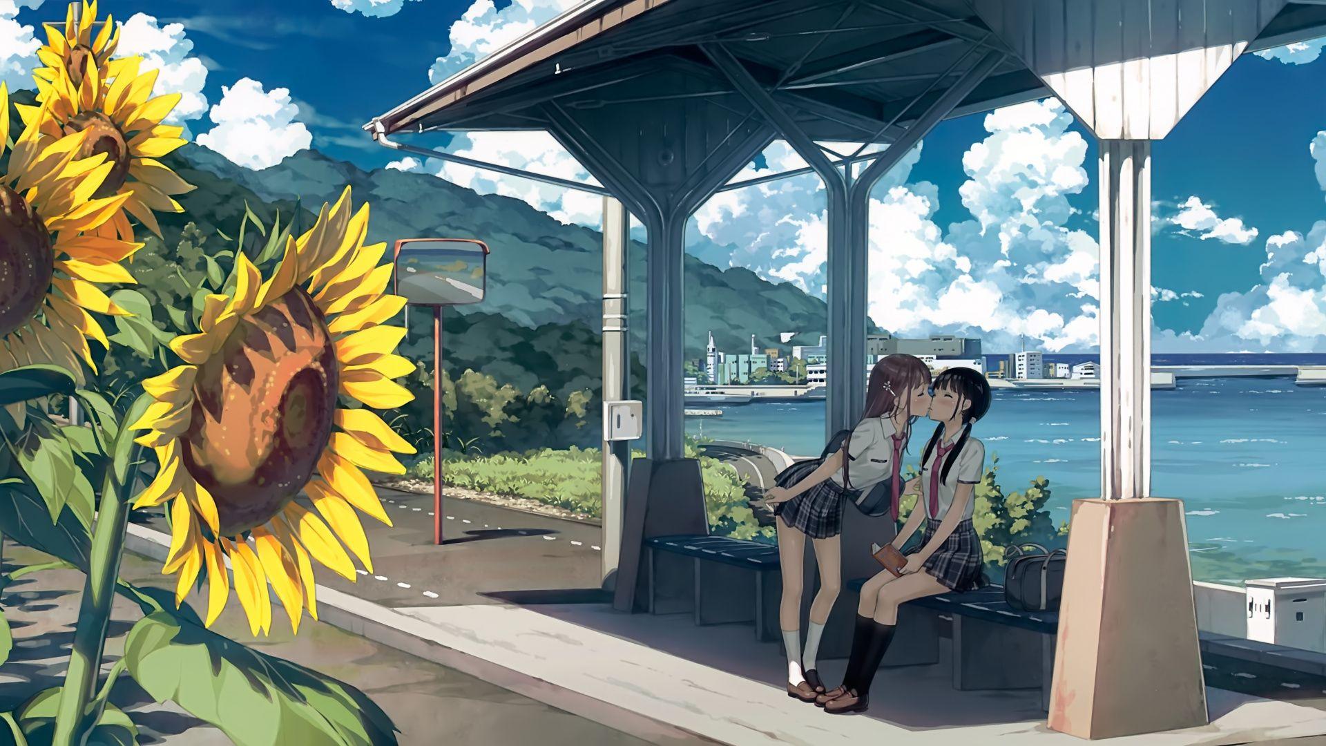 1920x1080 Wallpaper Anime Girls, Kiss, Friends, Original, 4k, HD