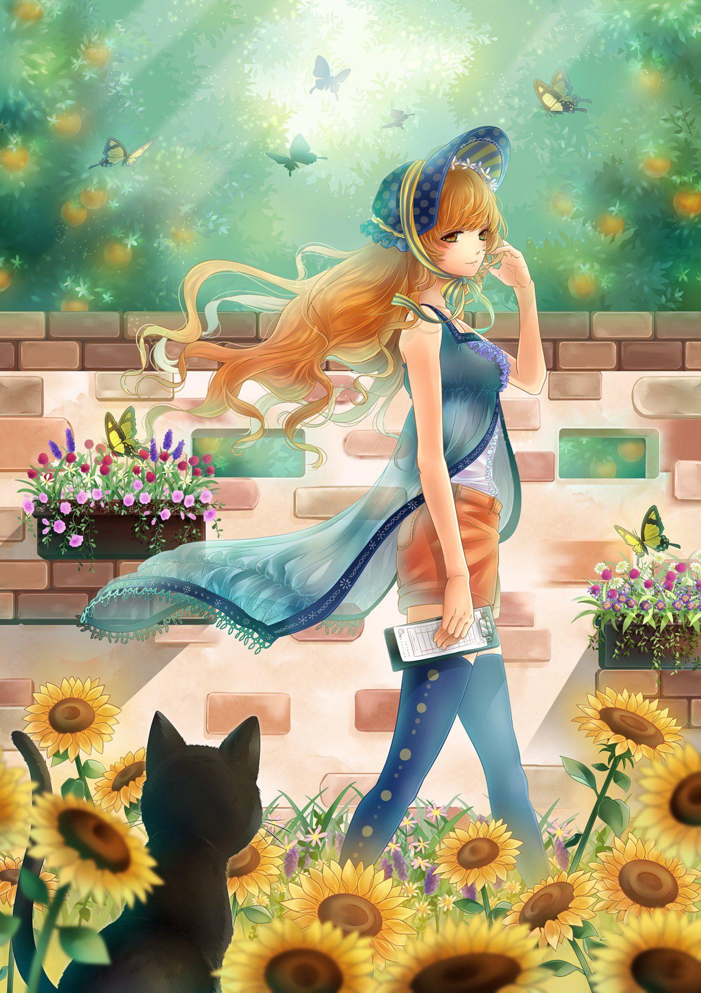 1440x2038 Original anime girl sunflower summer dress flower cat