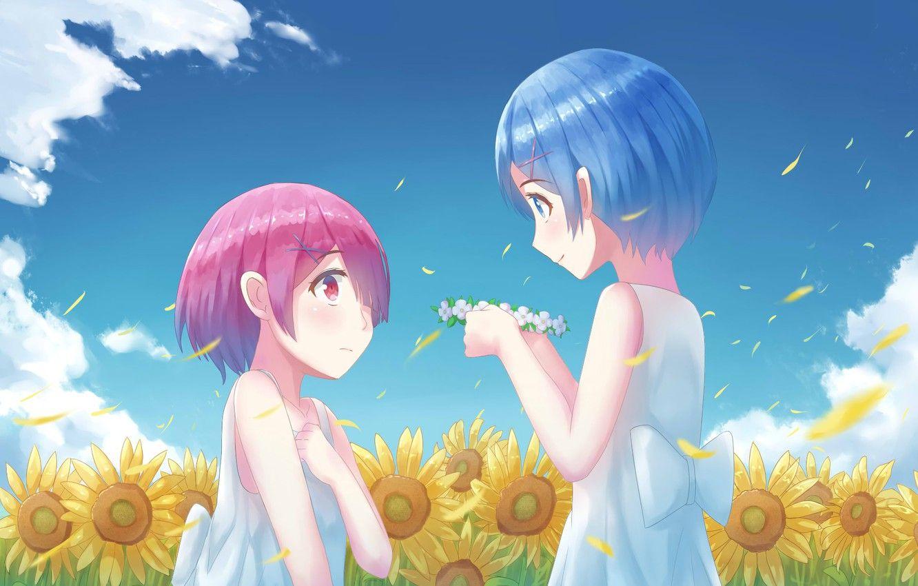 1332x850 Wallpaper sunflowers, anime, sisters, ram, rem, re zero kara