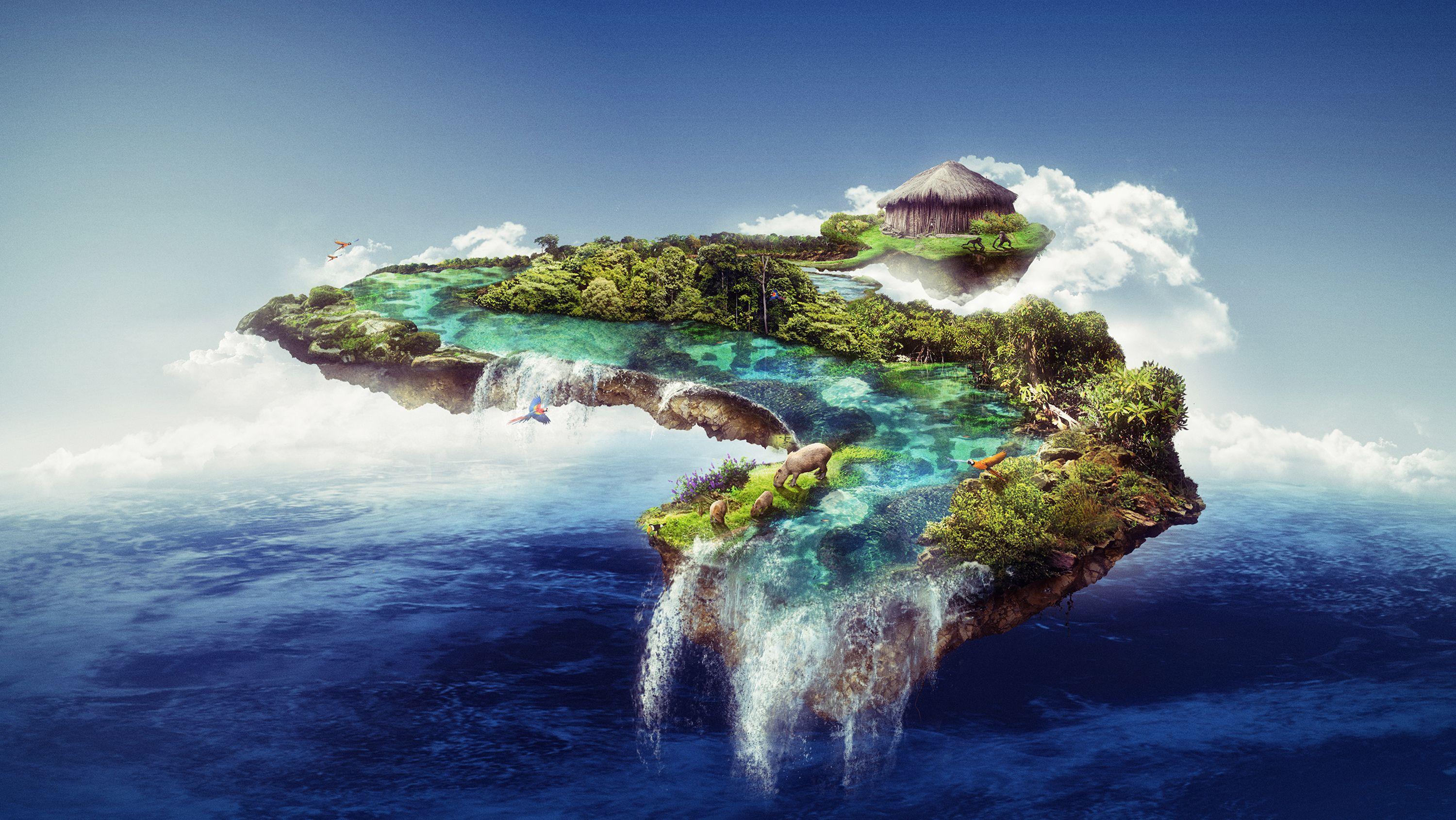 3000x1688 Floating Island With Waterfall Wallpaper