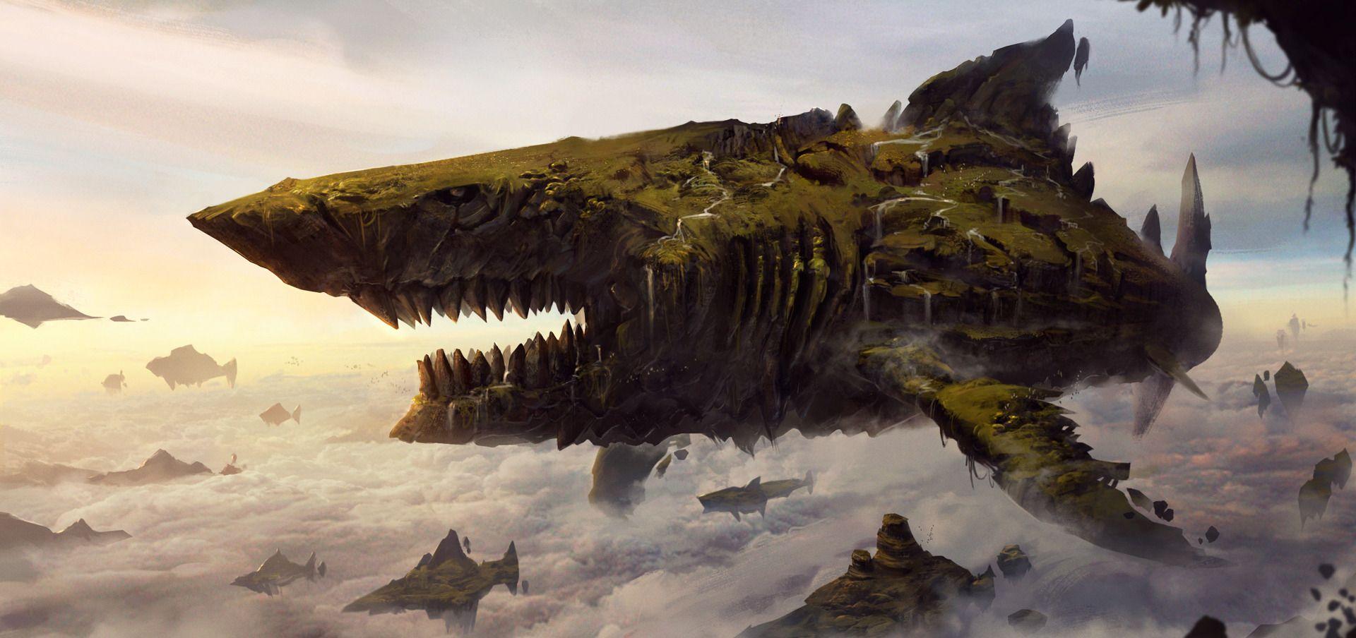 1920x904 digital art, Floating island, Shark Wallpaper HD / Desktop