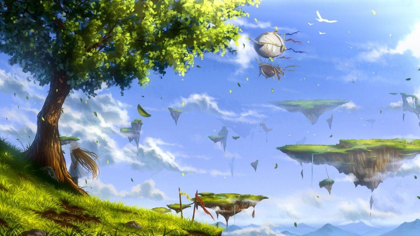 1366x768 #floating island, #birds, #trees, #anime, #leaves