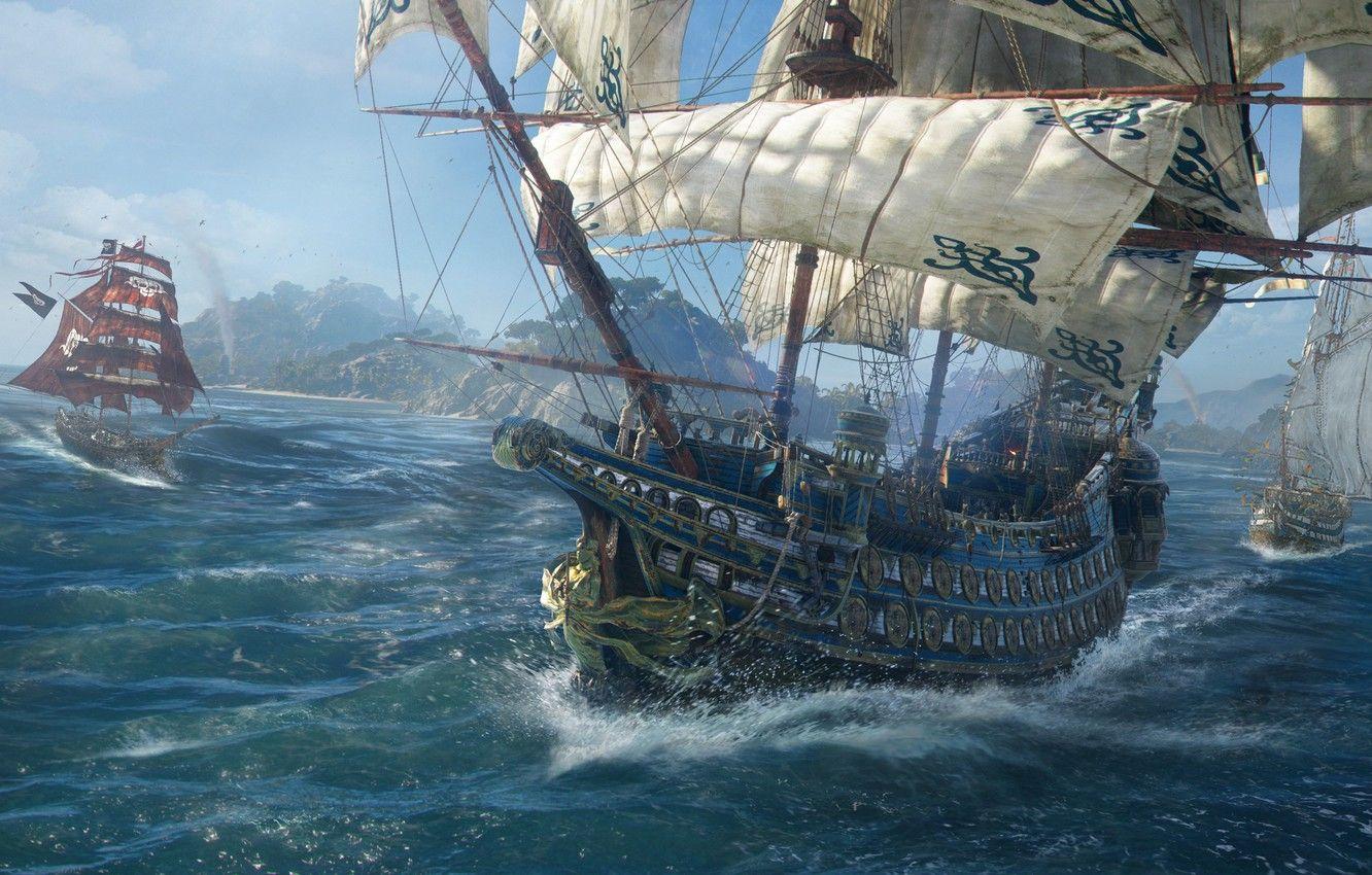 1332x850 Wallpaper sea, the game, ship, island, game, screenshot, Skull