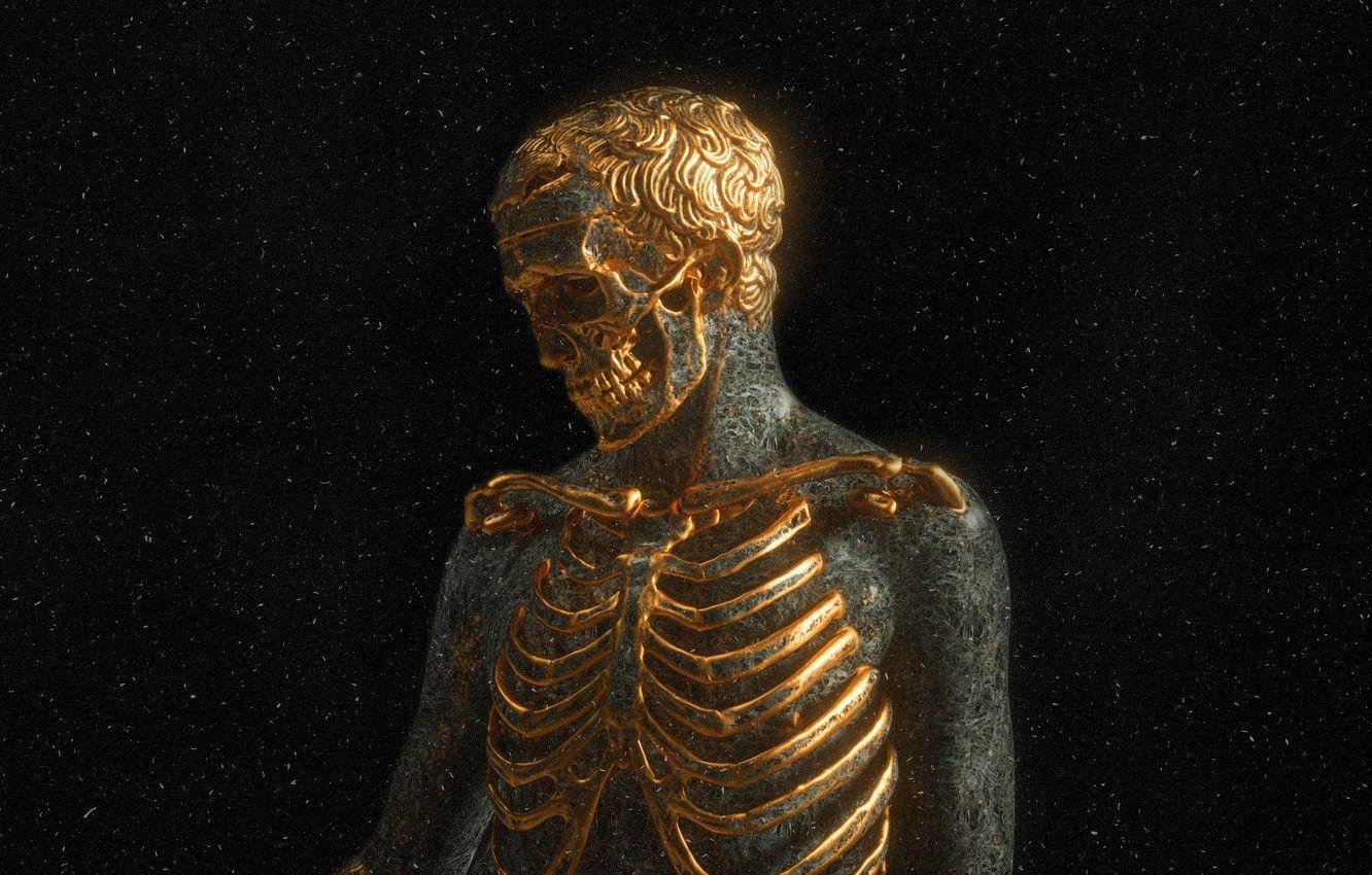 1332x850 Wallpaper darkness, skull, teeth, bones, skeleton, gold, gold