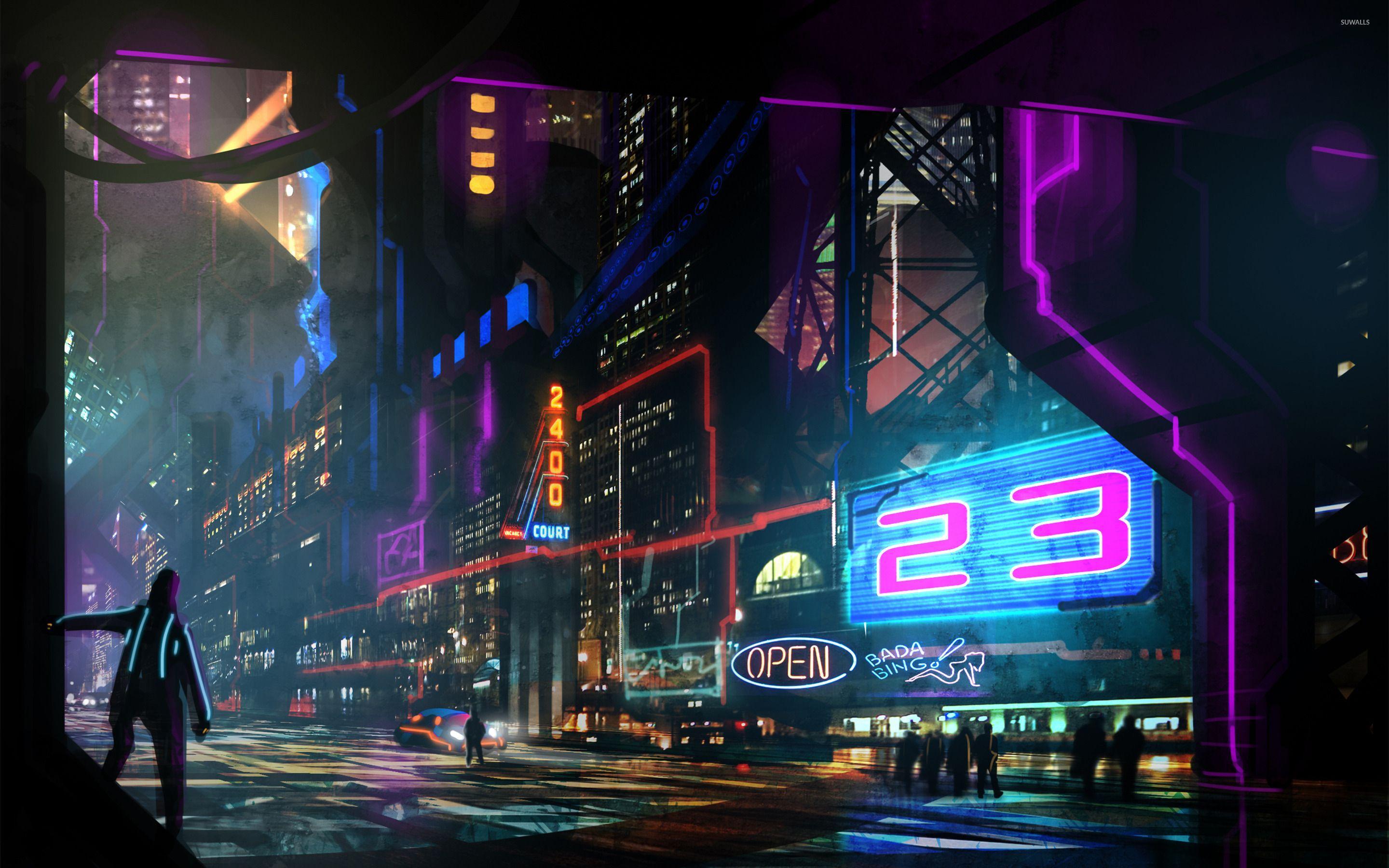 Download wallpaper 1366x768 cat, roof, city, neon lights, metropolis,  future, cyberpunk tablet, laptop hd background