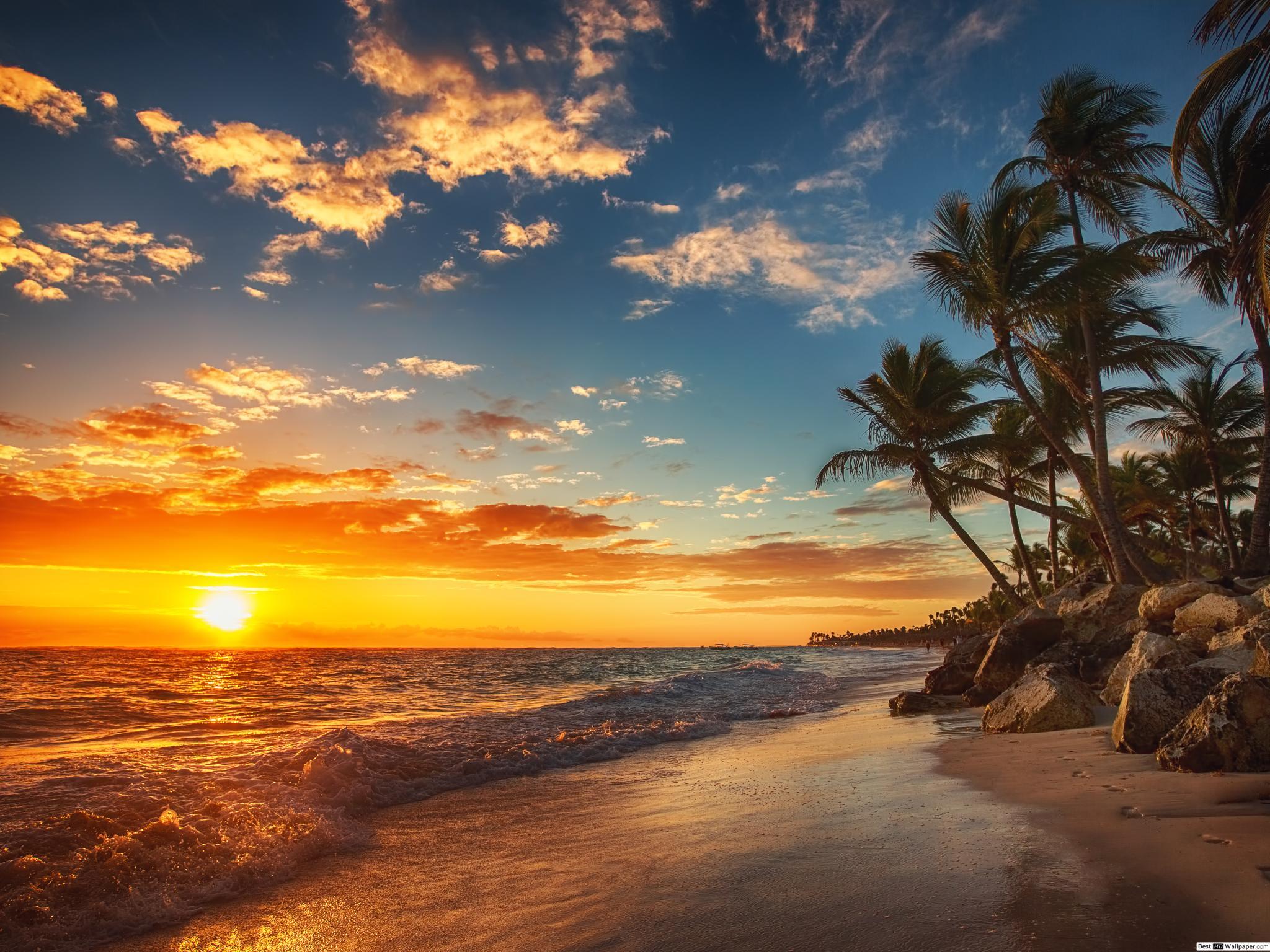 2048x1536 Sunset in The Sea beach HD wallpaper download