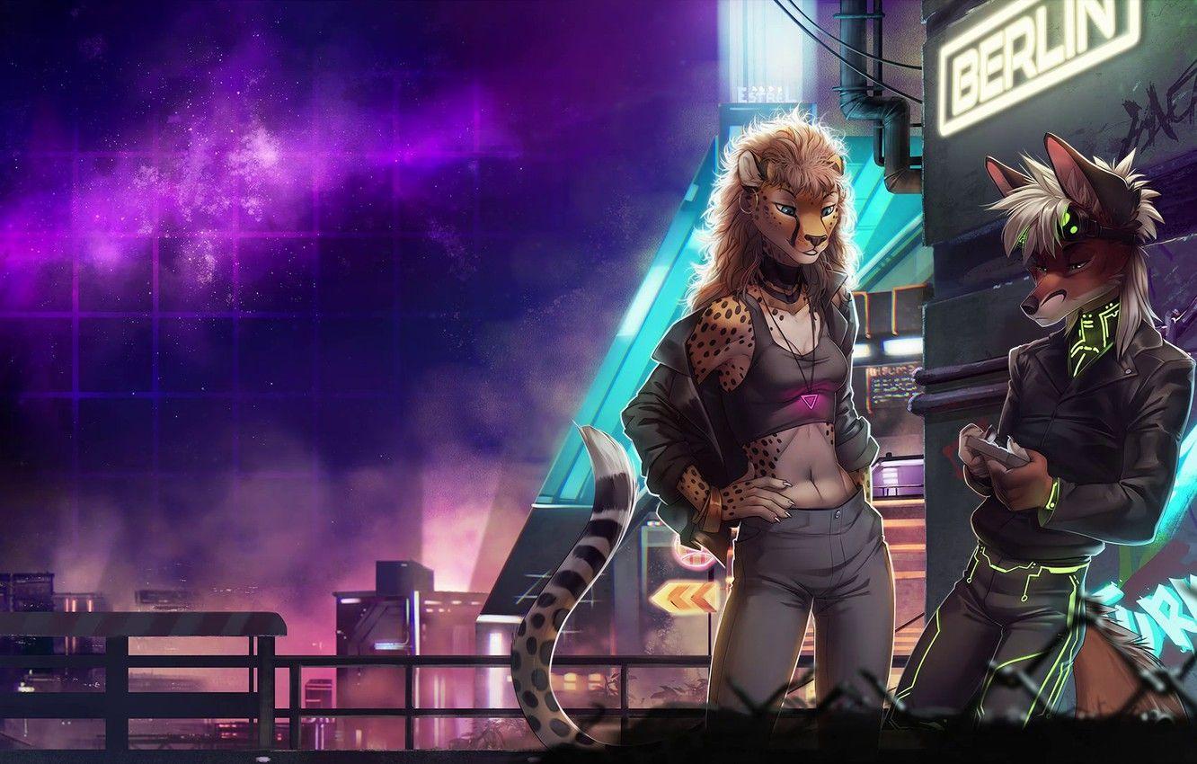 1332x850 Wallpaper Fox, The city, Stars, Neon, Background, Neon, Electronic
