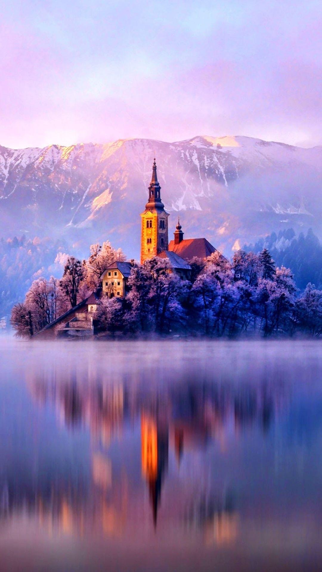 1080x1920 Winter Church Island iPhone Minimalist Wallpaper Bled At Sunset Wallpaper & Background Download