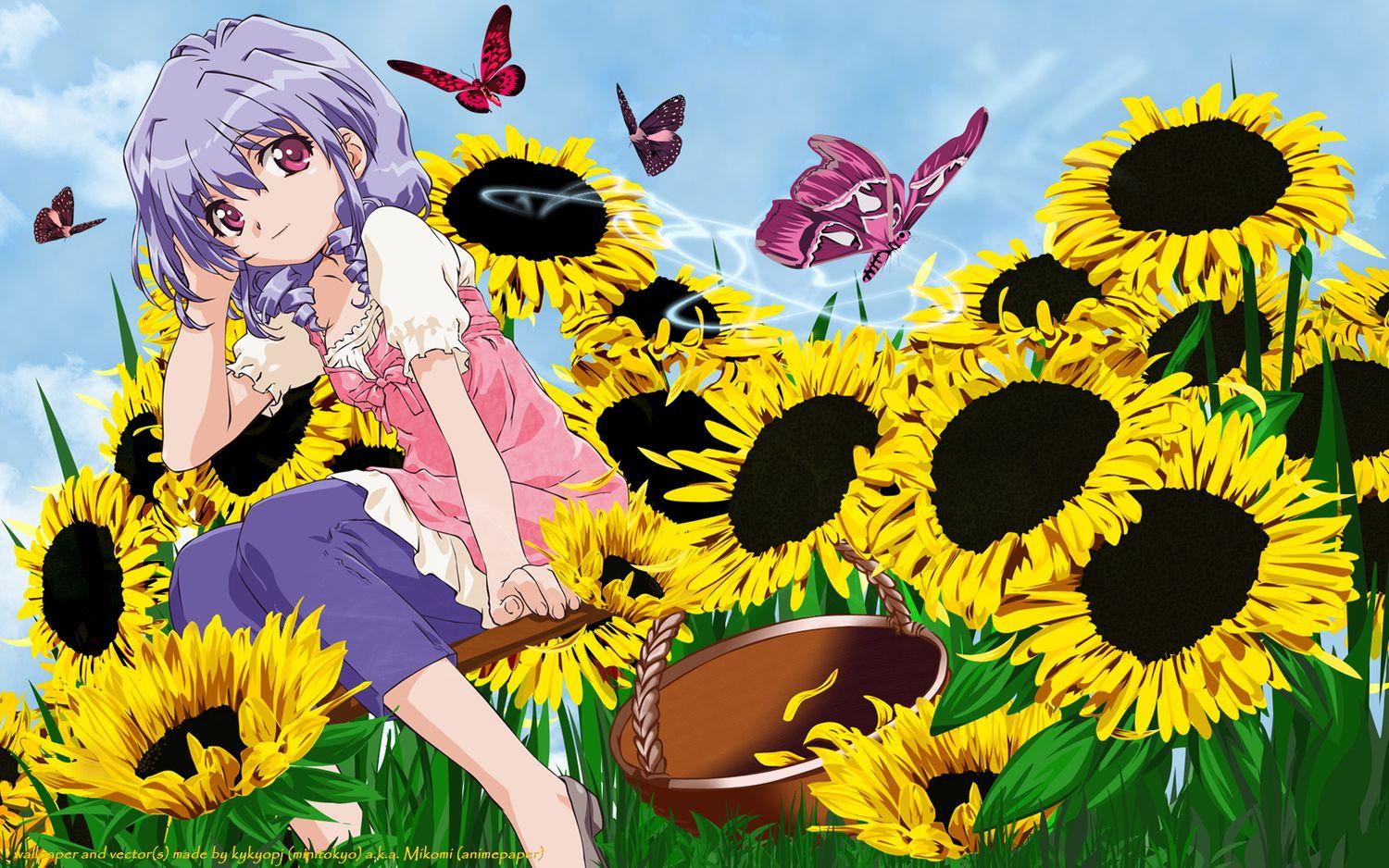 1500x938 butterfly flowers herikawa koishi onegai teacher purple hair
