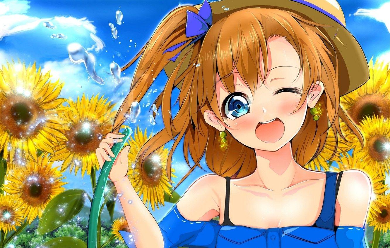 1332x850 Photo Wallpaper Water, Girl, Sunflowers, Hat, Anime, Love