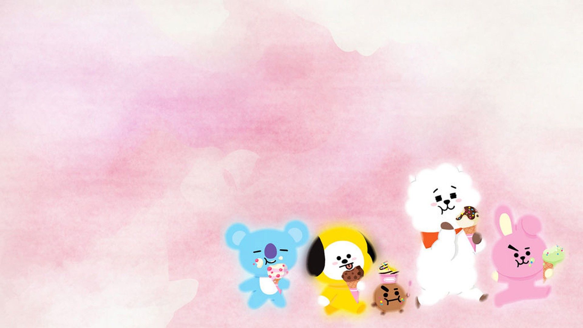1920x1080 COOKY, KOYA, RJ, SHOOKY, MANG, CHIMMY In Pink Sky Background HD BT21 Wallpaper