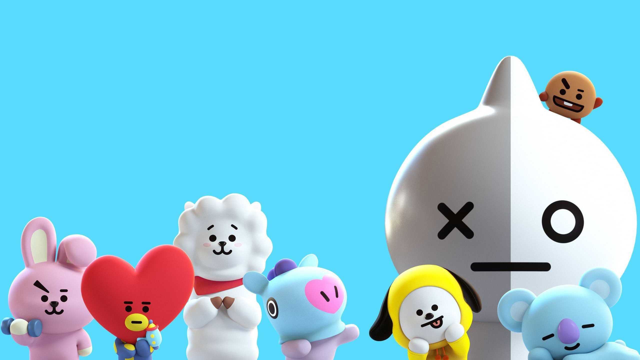 2560x1440 COOKY, KOYA, RJ, SHOOKY, MANG, CHIMMY In Blue Background HD BT21 Wallpaper