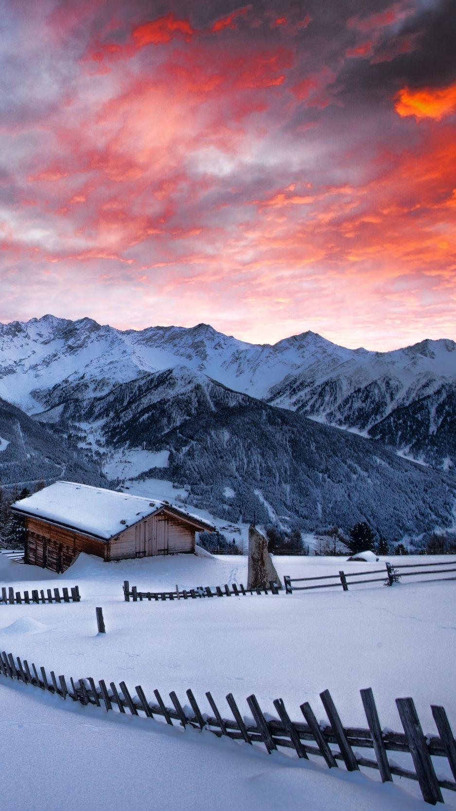 938x1668 Wallpaper Winter, Mountains, Dawn, Structure, Snow