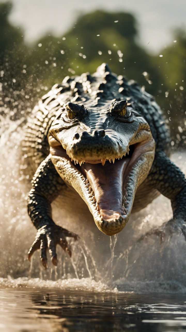 720x1280 Exciting moment of a crocodile breaching the river surface with strong force and speed. Wallpaper [908b64eb823a4abd8baf]